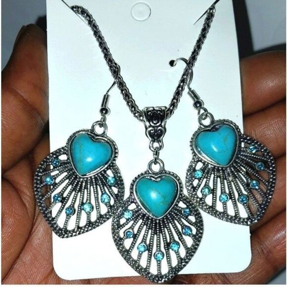 Vintage Ladies Boho Jewelry Set Hollow Leaf Shaped Inlay Heart Shape Stone - Picture 5 of 8